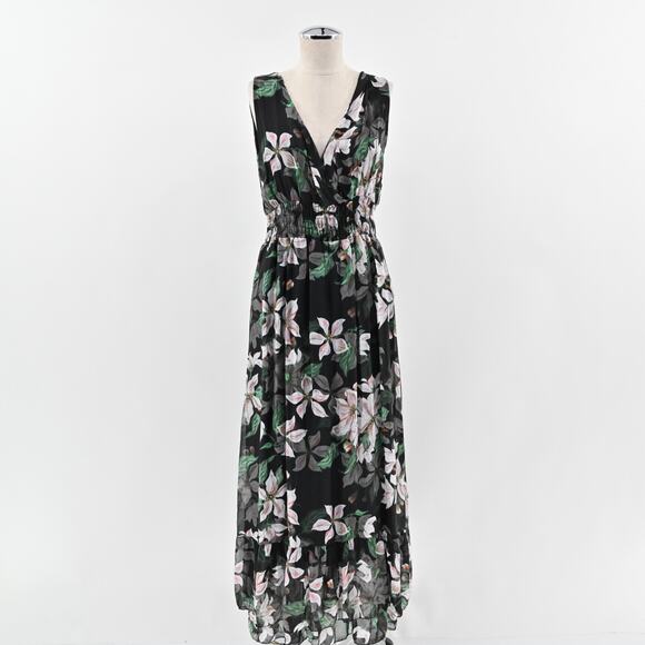ELENA BALDI Silk Maxi Dress Size L Black Floral Chiffon‎ Sleeveless V Neck Italy - Picture 1 of 13